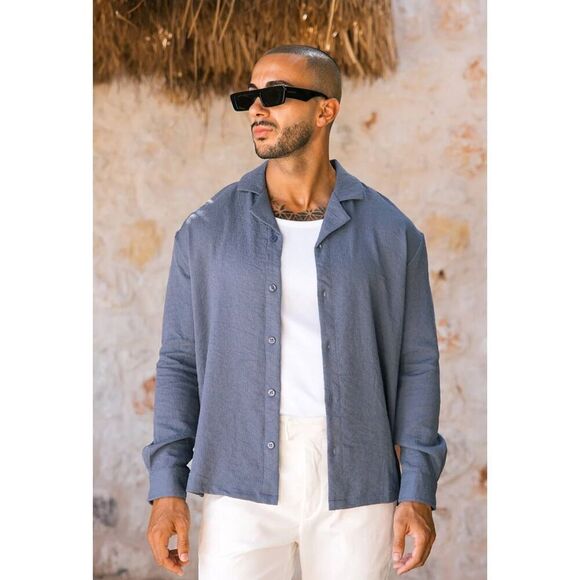 Mauvais Fiorano Relaxed Fit Textured Long Sleeved Shirt in Storm Sz 5XL - Picture 1 of 8